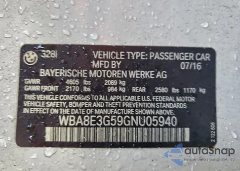2016 BMW 328 Xi Sulev from USA, damaged, VIN WBA8E3G59GNU05940